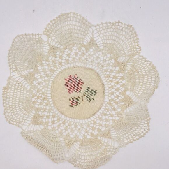 Hand Made Doilies W Counted Cross Stitch Roses Center Delicate Classic 13 Inch - Picture 4 of 5